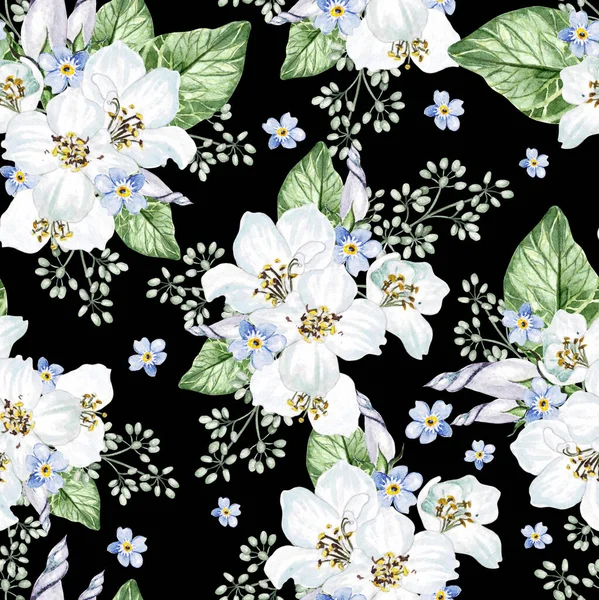Квіткова Вишня Цвіте Петунія Листя Квітковий Безшовний Візерунок Акварельна Стратифікація — стокове фото