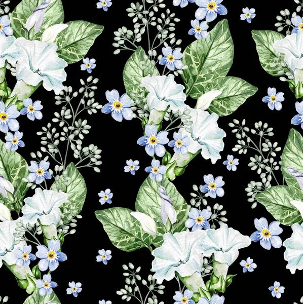 小さな青い花を咲かせ ペチュニアや葉 花のシームレスなパターン 水彩画 — ストック写真