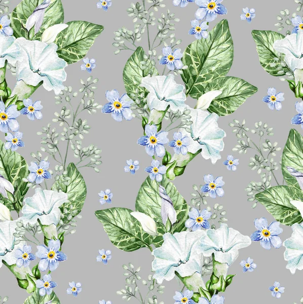 Małe Niebieskie Kwiaty Kwitną Petunia Liście Kwiatowy Bezszwowy Wzór Ilustracja — Zdjęcie stockowe