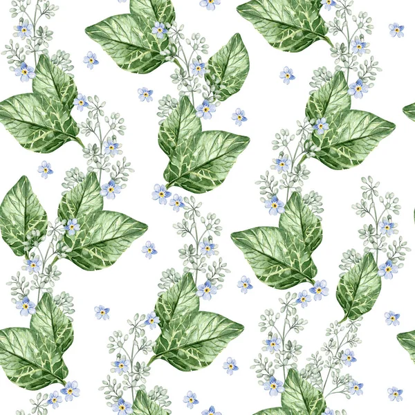 Small Blue Flowers Blossom Leaves Floral Seamless Pattern Watercolor Illstration — Stock Photo, Image