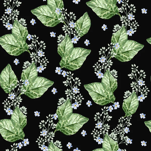 小さな青い花と葉 花のシームレスなパターン 水彩画 — ストック写真