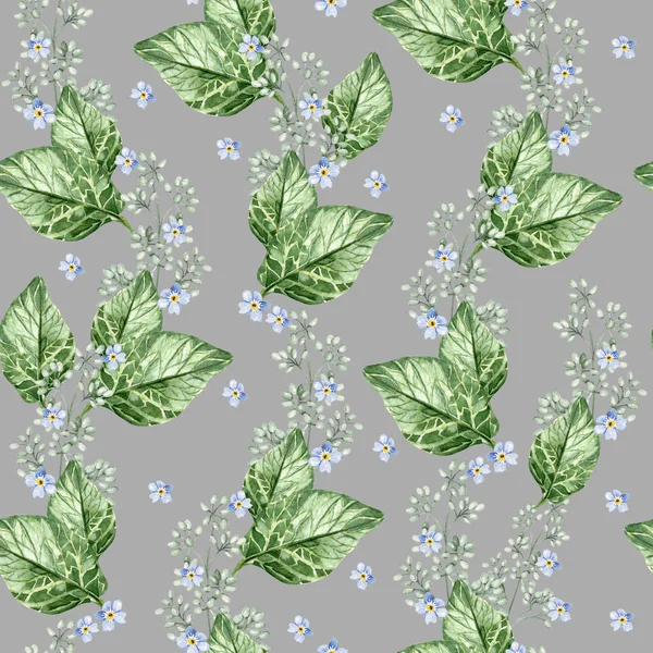 Małe Niebieskie Kwiaty Kwitną Liście Kwiatowy Bezszwowy Wzór Ilustracja Akwareli — Zdjęcie stockowe