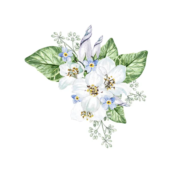 Fiori Ciliegio Petunia Foglie Verdi Bouquet Sposa Floreale Acquerello — Foto Stock