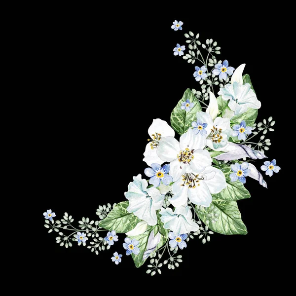 Kiraz Çiçeği Petunya Yeşil Yapraklar Çiçekli Düğün Buketi Suluboya — Stok fotoğraf