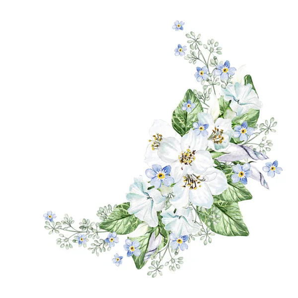 Fiori Ciliegio Petunia Foglie Verdi Bouquet Sposa Floreale Acquerello — Foto Stock