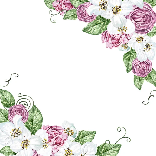 Fleurs Cerisier Roses Feuilles Vertes Carte Mariage Floral Illustration Aquarelle — Photo