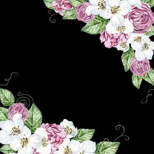 Άνθη Κερασιάς Και Τριαντάφυλλα Πράσινα Φύλλα Κάρτα Γάμου Λουλούδια Εικονογράφηση — Φωτογραφία Αρχείου