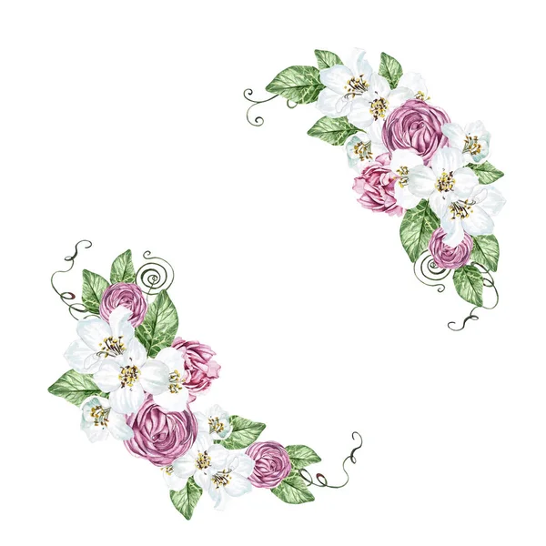 Fiori Ciliegio Rose Foglie Verdi Ghirlanda Nozze Floreale Illustrazione Acquerello — Foto Stock