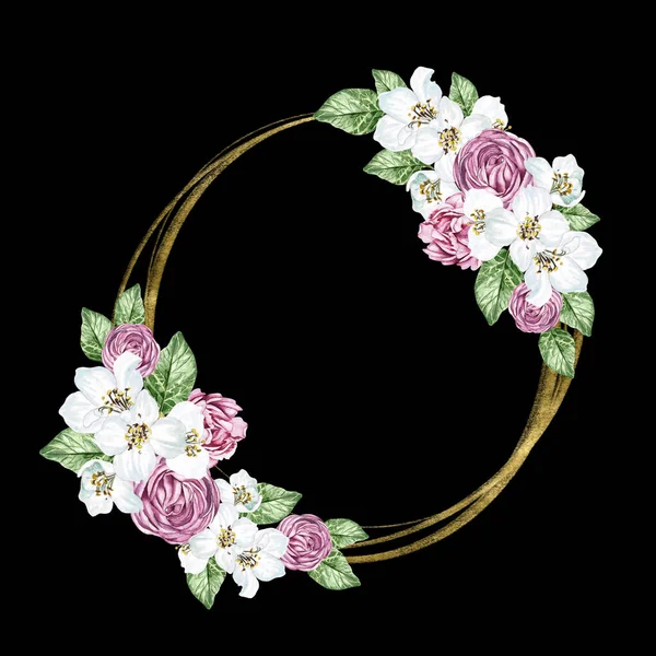 Квіткова Вишня Розквітла Троянди Зелене Листя Квітковий Весільний Вінок Акварельна — стокове фото
