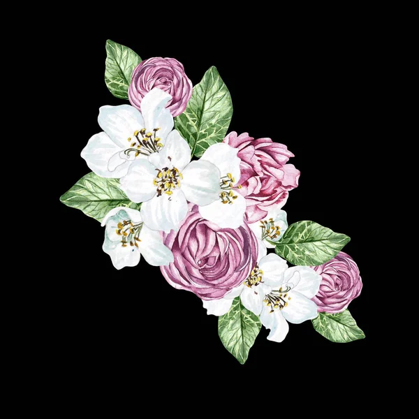 Virág Cseresznyevirág Rózsa Zöld Levelek Virágos Esküvői Koszorú Akvarell Illusztráció — Stock Fotó