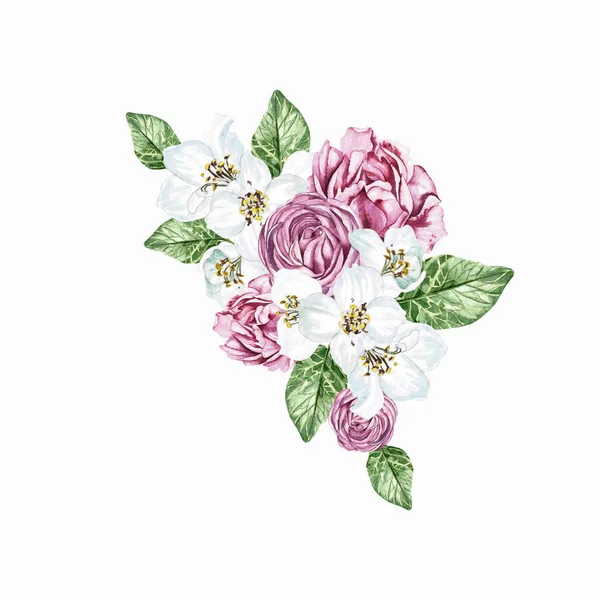 花の桜とバラ 緑の葉 花嫁の花輪 水彩イラスト — ストック写真