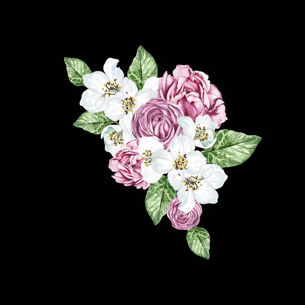 Άνθη Κερασιάς Και Τριαντάφυλλα Πράσινα Φύλλα Λουλουδένιο Στεφάνι Εικονογράφηση Υδατογραφίας — Φωτογραφία Αρχείου