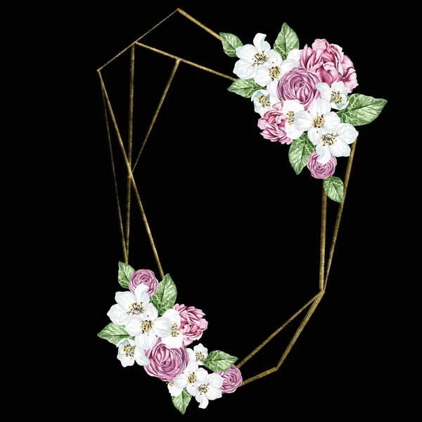 Цветок Вишни Розы Зеленые Листья Цветочный Свадебный Венок Акварель — стоковое фото