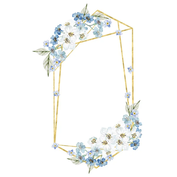 Μικρά Μπλε Λουλούδια Και Άνθη Κερασιάς Λουλουδένιο Στεφάνι Εικονογράφηση Υδατογραφίας — Φωτογραφία Αρχείου