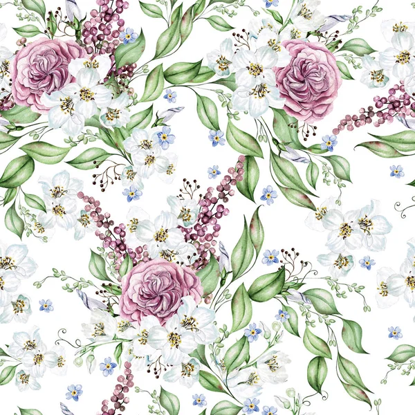 Flower Cherry Blossom Roses Leaves Floral Seamless Pattern Watercolor — Stock Photo, Image