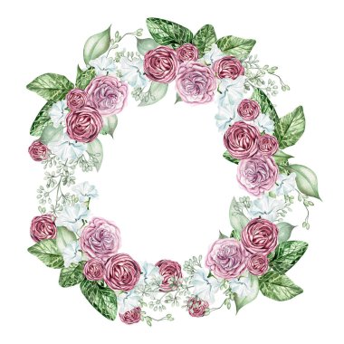 Çiçek çiçeği ve güller, okaliptüs yaprakları. Çiçekli düğün çelengi. Suluboya çizimi