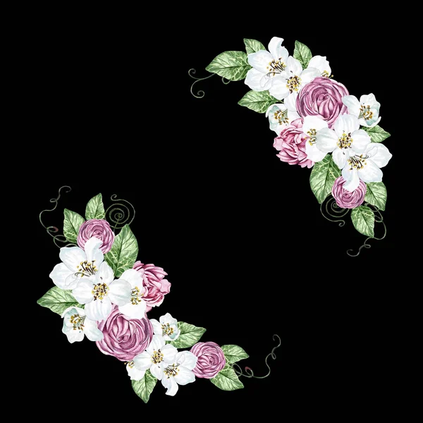 Άνθη Κερασιάς Και Τριαντάφυλλα Πράσινα Φύλλα Λουλουδένιο Στεφάνι Εικονογράφηση Υδατογραφίας — Φωτογραφία Αρχείου