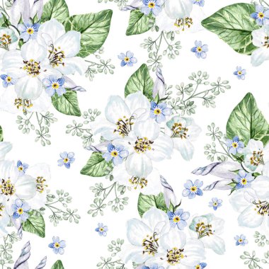 Kiraz çiçeği, petunya ve yapraklar. Çiçeksiz desen. Suluboya illüzyonu