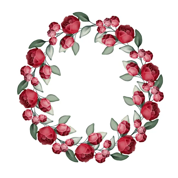 Grinalda Elegante Com Peônias Rosas Folhas Eucalipto Ilustração — Fotografia de Stock