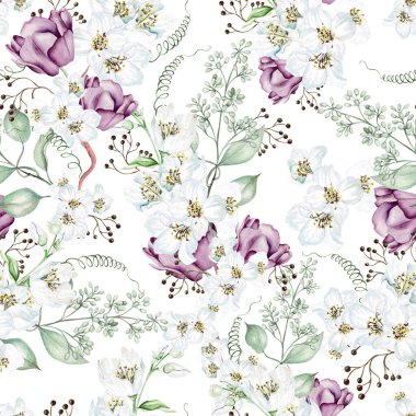 Kiraz çiçekleri, laleler ve yapraklar. Çiçeksiz desen. Suluboya