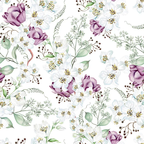 Kirschblüten Tulpen Und Blätter Florales Nahtloses Muster Aquarell — Stockfoto