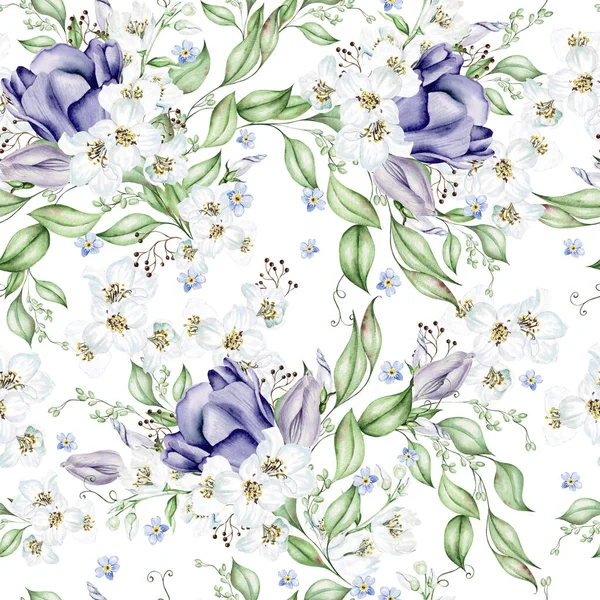 Blomma Körsbärsblomma Tulpaner Och Blad Blommigt Sömlöst Mönster Akvarell — Stockfoto
