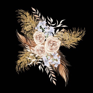 Kurumuş çiçek ve yapraklarla suluboya buket. Görüntü