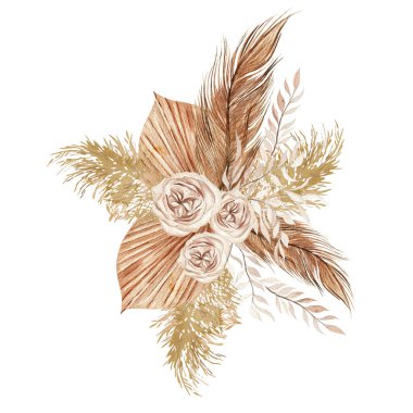 Kurumuş çiçek ve yapraklarla suluboya buket. Görüntü