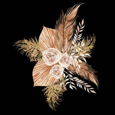 Kurumuş çiçek ve yapraklarla suluboya buket. Görüntü