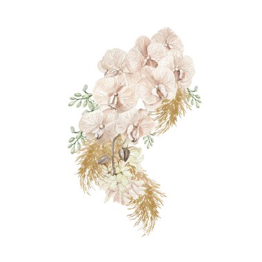 Kurumuş çiçek ve yapraklarla suluboya buket. Görüntü