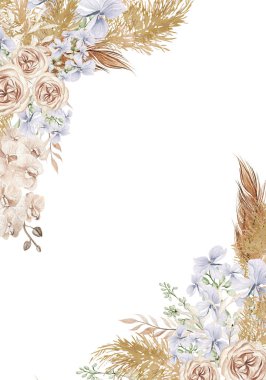 Kurumuş çiçek ve yapraklı suluboya kart. Görüntü