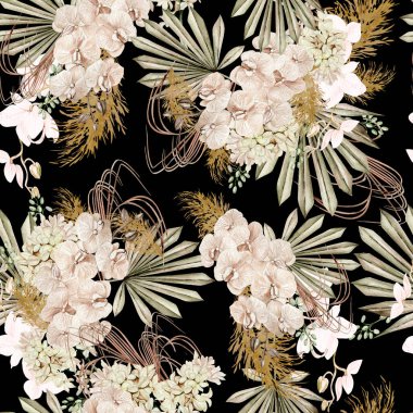 Boho çiçekleri ve yaprakları ile sulu boya deseni, illüstrasyon