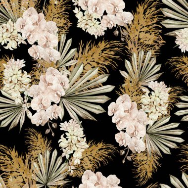 Boho çiçekleri ve yaprakları ile sulu boya deseni, illüstrasyon