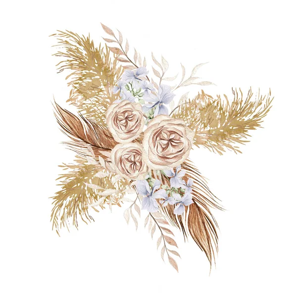 Bouquet Acquerello Con Fiori Foglie Secchi Boho Illustrazione — Foto Stock