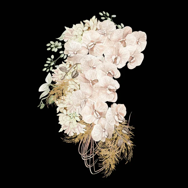 Акварельный Букет Сушеными Цветами Листьями Бохо Иллюстрация — стоковое фото