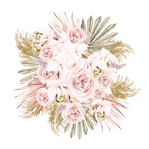 Bouquet Acquerello Con Fiori Foglie Secchi Boho Illustrazione — Foto Stock