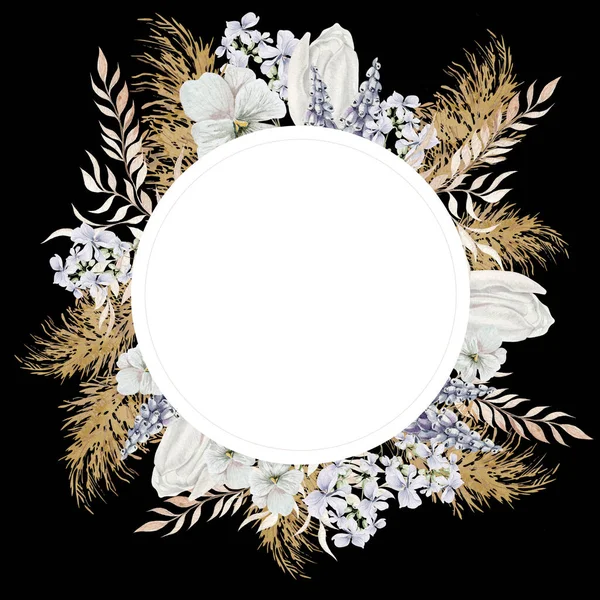 Cartão Aquarela Com Boho Flores Secas Folhas Ilustração — Fotografia de Stock