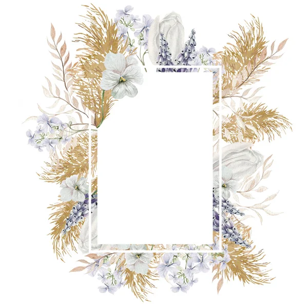 Akvarell Kártya Boho Szárított Virágok Levelek Illusztráció — Stock Fotó