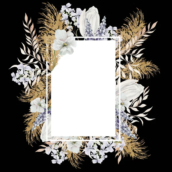 Κάρτα Νερομπογιάς Αποξηραμένα Λουλούδια Και Φύλλα Εικονογράφηση — Φωτογραφία Αρχείου