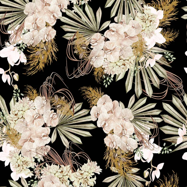 Watercolor seamless pattern with boho flowers and leaves, Illustration