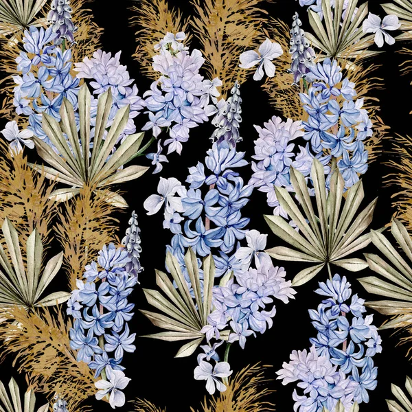 Υδατογραφία Αδιάλειπτη Μοτίβο Λουλούδια Και Φύλλα Boho Εικονογράφηση — Φωτογραφία Αρχείου