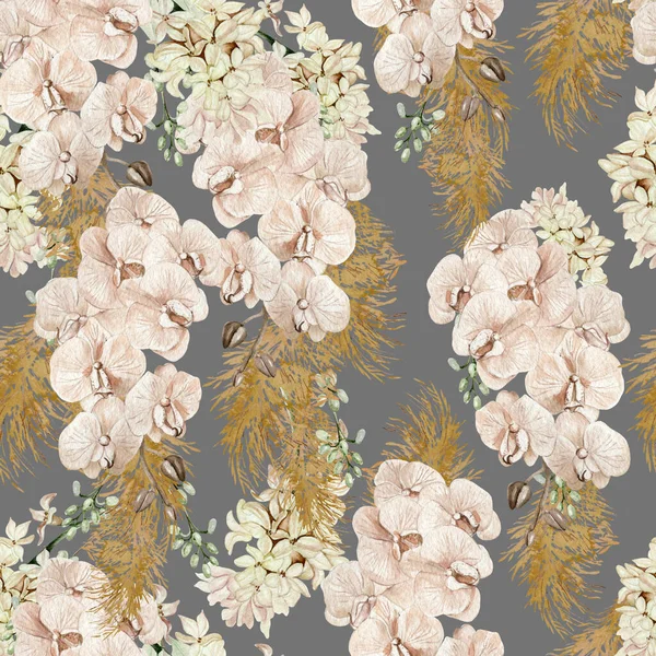 Watercolor seamless pattern with boho flowers and leaves, Illustration