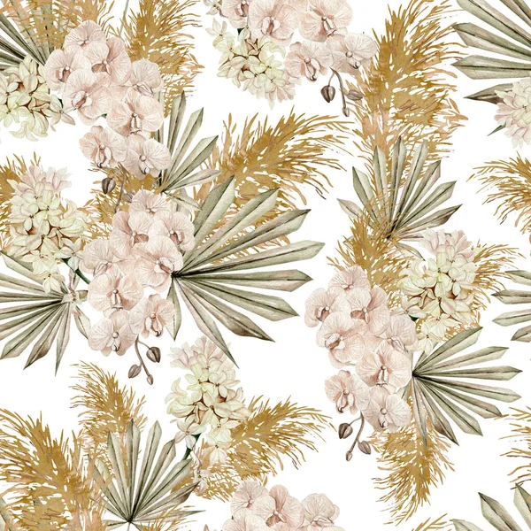 Aquarell Nahtloses Muster Mit Boho Blüten Und Blättern Illustration — Stockfoto