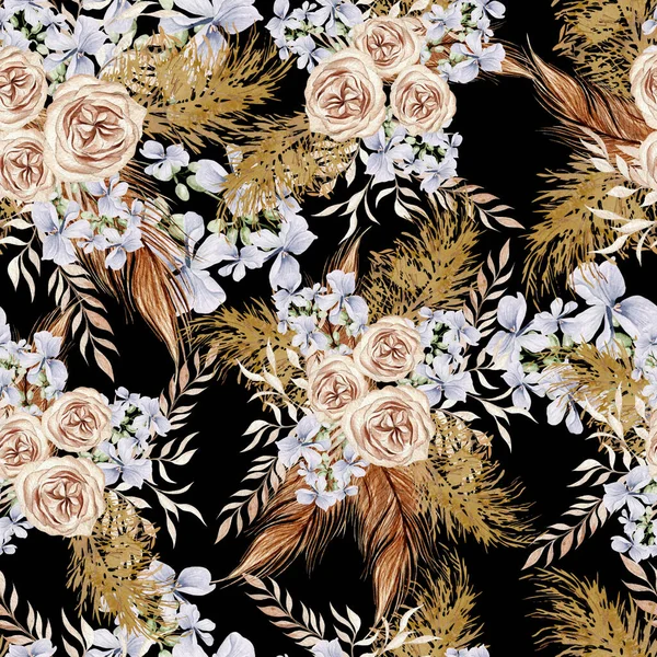 Aquarel Naadloos Patroon Met Boho Bloemen Bladeren Illustratie — Stockfoto