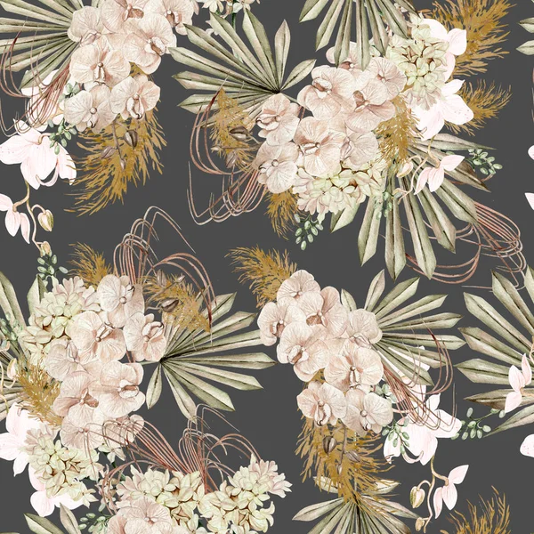 Watercolor seamless pattern with boho flowers and leaves, Illustration