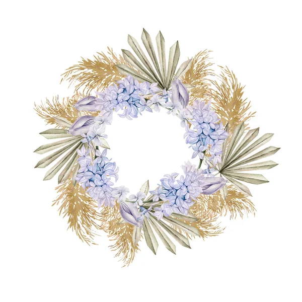 Watercolor Wedding Wreath Boho Flowers Dried Leaves Illustration — Stock Photo, Image