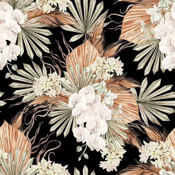 Υδατογραφία Αδιάλειπτη Μοτίβο Λουλούδια Και Φύλλα Boho Εικονογράφηση — Φωτογραφία Αρχείου