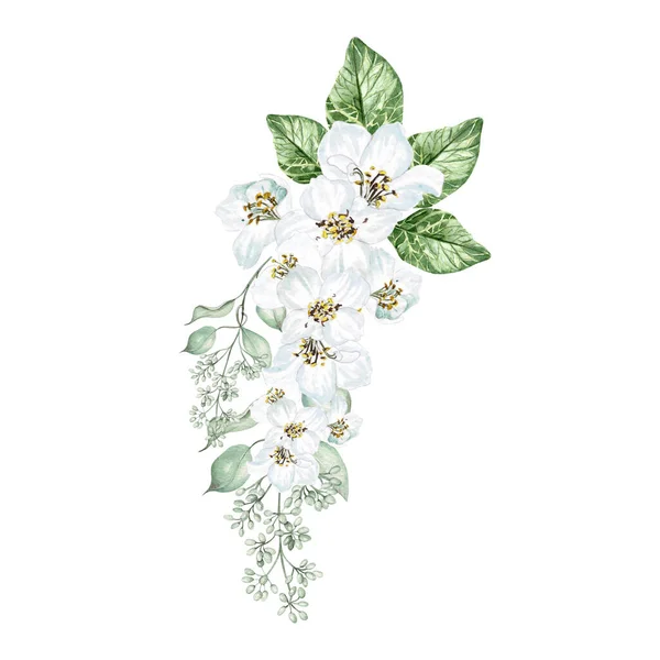 Ανθός Κερασιάς Και Φύλλα Ευκαλύπτου Λουλούδι Γαμήλια Ανθοδέσμη Υδατογραφία — Φωτογραφία Αρχείου