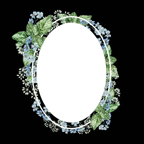 Kleine Blaue Blüten Und Eukalyptusblätter Blumenkranz Aquarell — Stockfoto