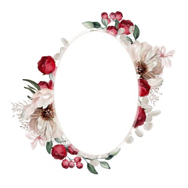 Şakayık, gül ve okaliptüs yapraklı zarif bir çelenk. Görüntü